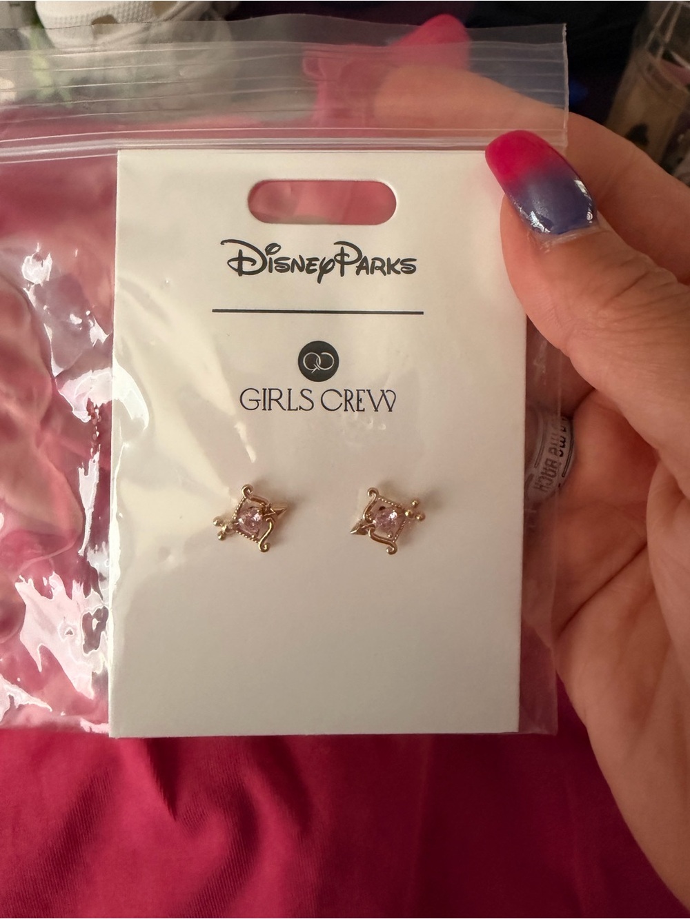 Disney Pink Crystal Crown Stud Earrings Girls Crew
